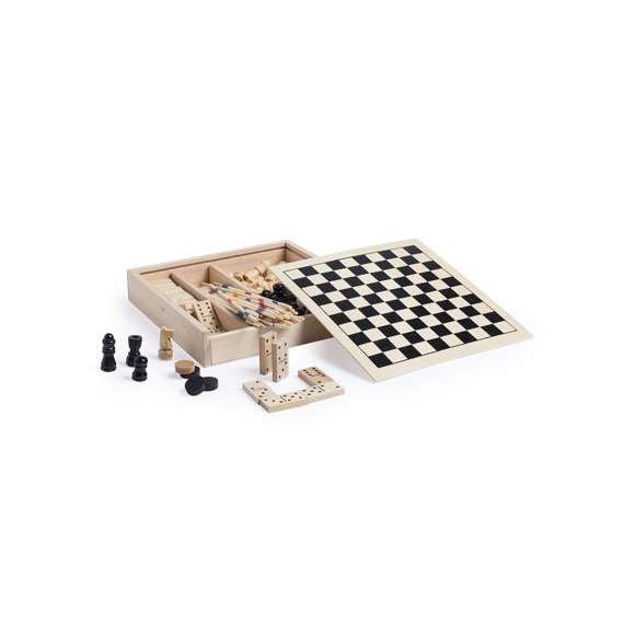  	Set de juegos en madera. Incluye mikado, ajedrez, damas y dominó. Presentado en estuche de madera con tapa-tablero. Tablero con lado liso para marcaje.
