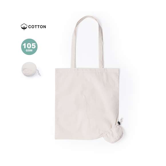 Bolsa plegable ecológica en resistente algodón de 105g/m2 en color blanco natural. Con cómodas asas largas de 2,5x70cm y cordón a juego. Accesorio de ajuste para fácil plegado.