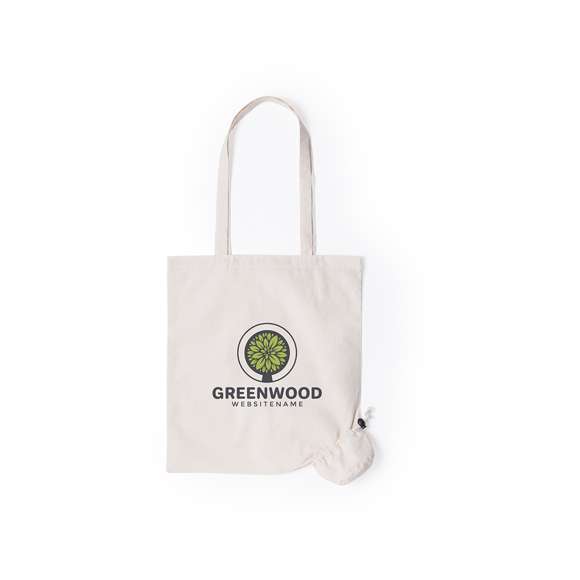 Bolsa plegable ecológica en resistente algodón de 105g/m2 en color blanco natural. Con cómodas asas largas de 2,5x70cm y cordón a juego. Accesorio de ajuste para fácil plegado.