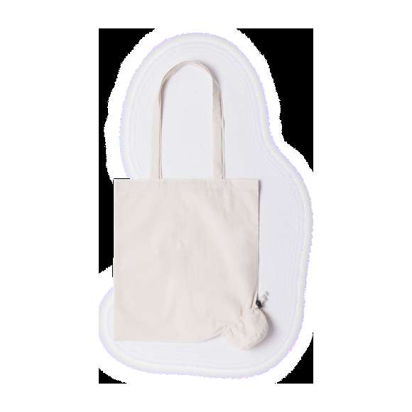 Bolsa plegable ecológica en resistente algodón de 105g/m2 en color blanco natural. Con cómodas asas largas de 2,5x70cm y cordón a juego. Accesorio de ajuste para fácil plegado.