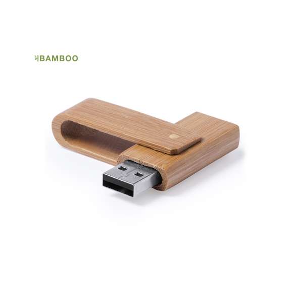 Memoria USB de 16GB de capacidad, con mecanismo giratorio y acabado en suave madera de bambú. Presentada en estuche individual de cartón reciclado.