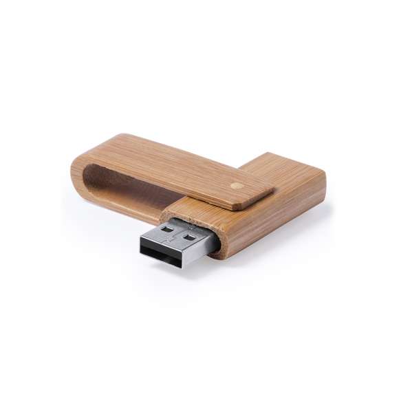 Memoria USB de 16GB de capacidad, con mecanismo giratorio y acabado en suave madera de bambú. Presentada en estuche individual de cartón reciclado.