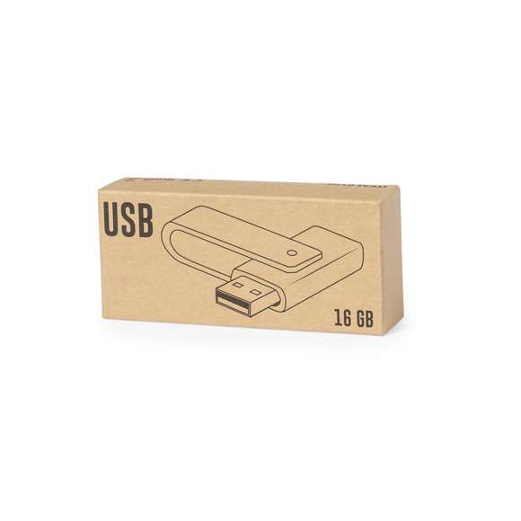 Memoria USB de 16GB de capacidad, con mecanismo giratorio y acabado en suave madera de bambú. Presentada en estuche individual de cartón reciclado.