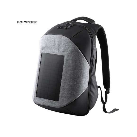 Mochila cargador con panel de carga solar en resistente poliéster 1200D. Resistente al agua, con salida USB para carga -powerbank no incluido- y cierre de seguridad con contraseña. Compartimento principal con doble tirador, con bolsillo acolchado para ordenador portátil de hasta 15 pulgadas y tablet de hasta 10 pulgadas. Cintas de hombros y espalda con acolchado ergonómico.