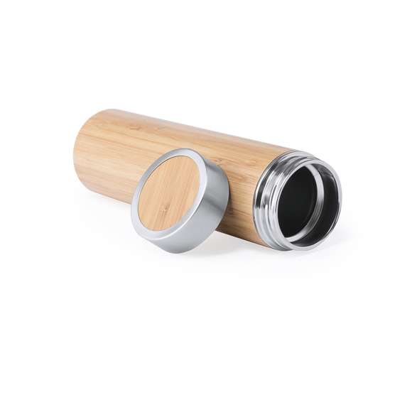 Termo en alta calidad y 500 ml de capacidad, con cuerpo acabado en bambú e interior en acero inox. Tapón de seguridad a rosca en acero inox y bambú. Presentado en una atractiva caja de diseño.