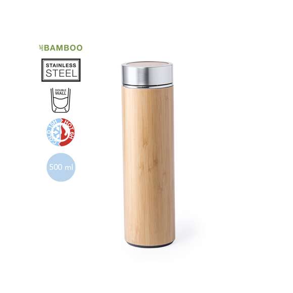Termo en alta calidad y 500 ml de capacidad, con cuerpo acabado en bambú e interior en acero inox. Tapón de seguridad a rosca en acero inox y bambú. Presentado en una atractiva caja de diseño.
