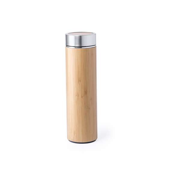 Termo en alta calidad y 500 ml de capacidad, con cuerpo acabado en bambú e interior en acero inox. Tapón de seguridad a rosca en acero inox y bambú. Presentado en una atractiva caja de diseño.