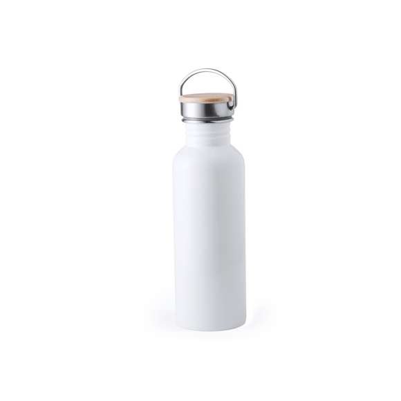 Bidón de estilo retro y 800ml de capacidad. Cuerpo en acero inox y en variada gama de colores brillantes. Tapón de seguridad a rosca en acero inox, con detalle en madera y asa de transporte vintage. Presentado en una atractiva caja de diseño.