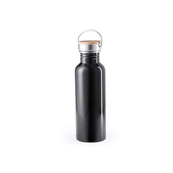 Bidón de estilo retro y 800ml de capacidad. Cuerpo en acero inox y en variada gama de colores brillantes. Tapón de seguridad a rosca en acero inox, con detalle en madera y asa de transporte vintage. Presentado en una atractiva caja de diseño.