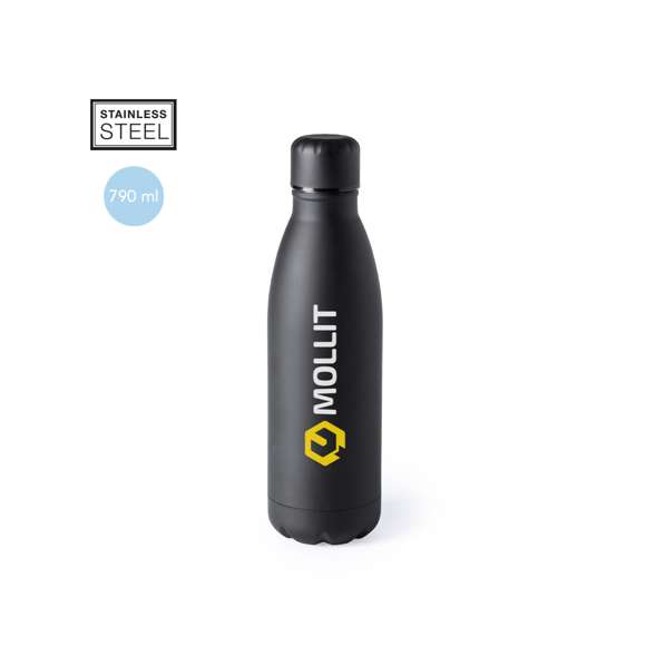 Bidón fabricado en acero inox de 790ml. Con tapón de seguridad de rosca. De original acabado mate completo en vivos y variados colores. Presentado en atractiva caja de diseño.