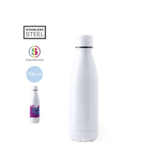 Bidón para sublimación de 700ml de capacidad con cuerpo acabado en acero inox en color blanco brillo. Con tapón de seguridad. Presentado en atractiva caja de diseño.