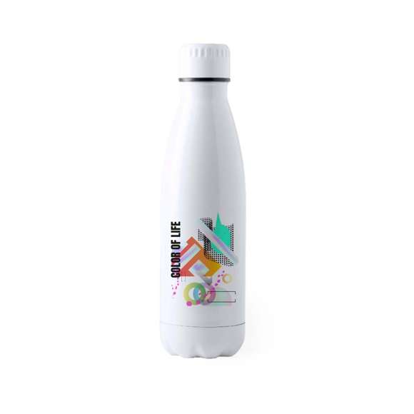 Bidón para sublimación de 700ml de capacidad con cuerpo acabado en acero inox en color blanco brillo. Con tapón de seguridad. Presentado en atractiva caja de diseño.