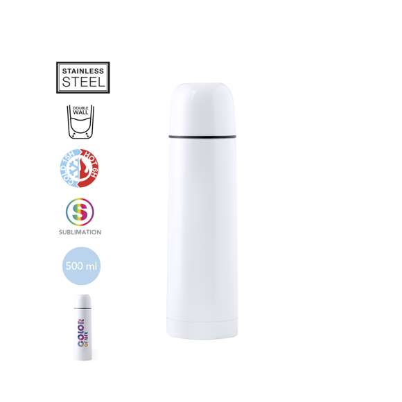 Termo de 500ml de capacidad en resistente acero inox. Superficie exterior especialmente diseñada para marcaje en sublimación. Con tapón de seguridad y presentado en atractiva caja individual de diseño.