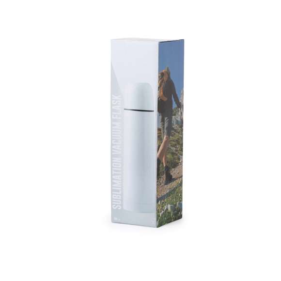 Termo de 500ml de capacidad en resistente acero inox. Superficie exterior especialmente diseñada para marcaje en sublimación. Con tapón de seguridad y presentado en atractiva caja individual de diseño.