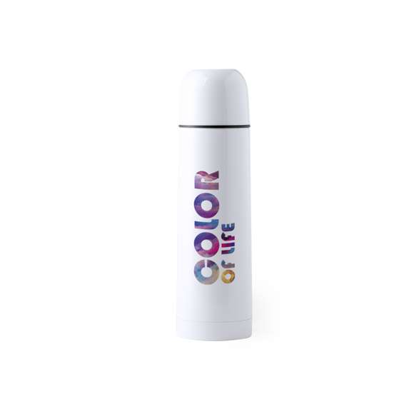 Termo de 500ml de capacidad en resistente acero inox. Superficie exterior especialmente diseñada para marcaje en sublimación. Con tapón de seguridad y presentado en atractiva caja individual de diseño.