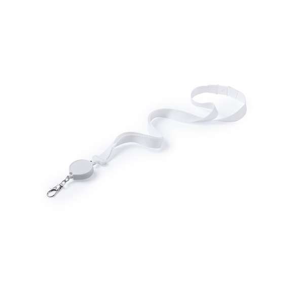 Práctico lanyard en poliéster con accesorio extensible. Accesorio de seguridad en el cuello y accesorio retráctil extensible con clip de ajuste en un lado, dejando el otro lado libre para el logotipado. Mosquetón metálico. Conjunto disponible en colores blanco y negro.