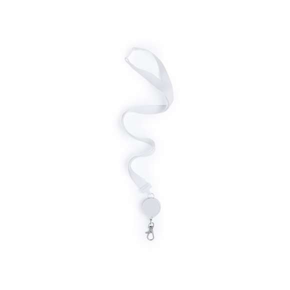 Práctico lanyard en poliéster con accesorio extensible. Accesorio de seguridad en el cuello y accesorio retráctil extensible con clip de ajuste en un lado, dejando el otro lado libre para el logotipado. Mosquetón metálico. Conjunto disponible en colores blanco y negro.