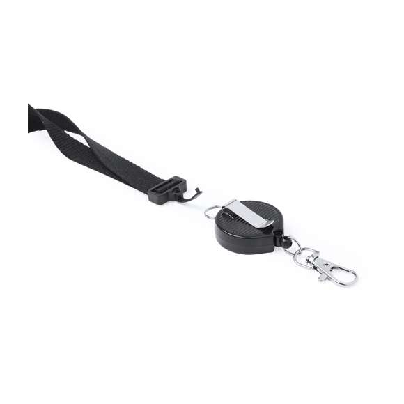 Práctico lanyard en poliéster con accesorio extensible. Accesorio de seguridad en el cuello y accesorio retráctil extensible con clip de ajuste en un lado, dejando el otro lado libre para el logotipado. Mosquetón metálico. Conjunto disponible en colores blanco y negro.