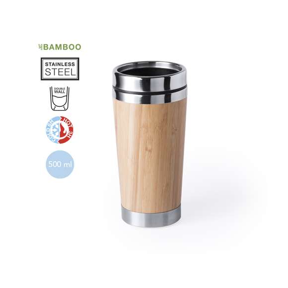 Vaso con interior en acero inox y parte exterior en madera de bambú de 500ml de capacidad. Con tapa dosificador de seguridad y abrefácil. Es ideal para tener en tu escritorio, mesa o en cualquier superficie donde disfrutar tranquilamente de tu bebida favorita.