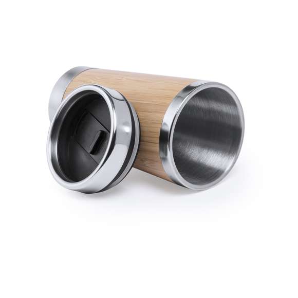 Vaso con interior en acero inox y parte exterior en madera de bambú de 500ml de capacidad. Con tapa dosificador de seguridad y abrefácil. Es ideal para tener en tu escritorio, mesa o en cualquier superficie donde disfrutar tranquilamente de tu bebida favorita.