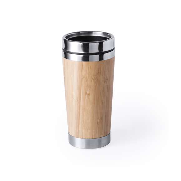 Vaso con interior en acero inox y parte exterior en madera de bambú de 500ml de capacidad. Con tapa dosificador de seguridad y abrefácil. Es ideal para tener en tu escritorio, mesa o en cualquier superficie donde disfrutar tranquilamente de tu bebida favorita.