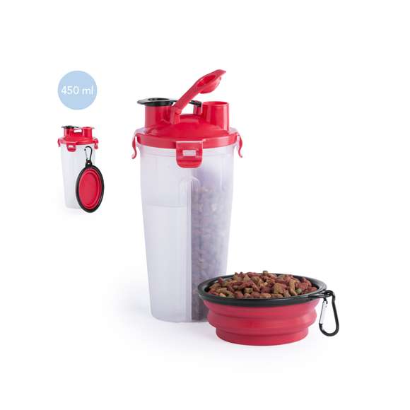 Set para mascotas. Incluye práctico bidón de 900ml con 2 compartimentos -sólidos y líquidos- y cierre de seguridad. Bowl plegable a juego, con mosquetón metálico de fijación.