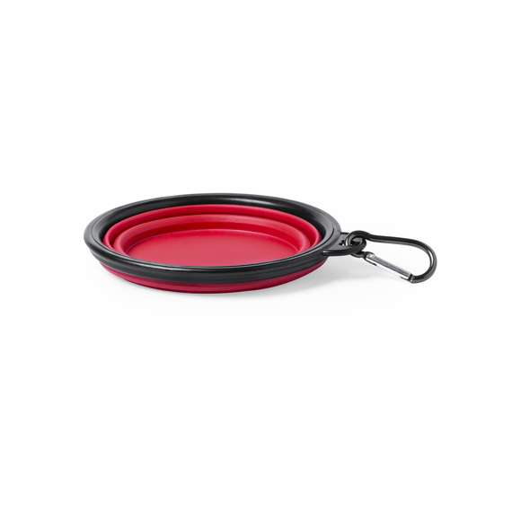 Set para mascotas. Incluye práctico bidón de 900ml con 2 compartimentos -sólidos y líquidos- y cierre de seguridad. Bowl plegable a juego, con mosquetón metálico de fijación.