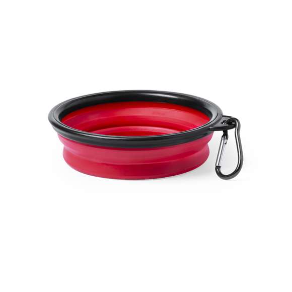 Set para mascotas. Incluye práctico bidón de 900ml con 2 compartimentos -sólidos y líquidos- y cierre de seguridad. Bowl plegable a juego, con mosquetón metálico de fijación.