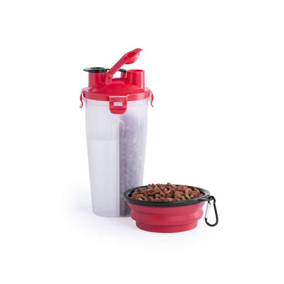 Set para mascotas. Incluye práctico bidón de 900ml con 2 compartimentos -sólidos y líquidos- y cierre de seguridad. Bowl plegable a juego, con mosquetón metálico de fijación.