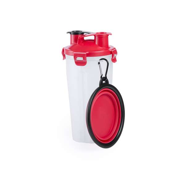 Set para mascotas. Incluye práctico bidón de 900ml con 2 compartimentos -sólidos y líquidos- y cierre de seguridad. Bowl plegable a juego, con mosquetón metálico de fijación.