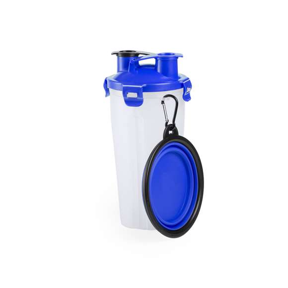 Set para mascotas. Incluye práctico bidón de 900ml con 2 compartimentos -sólidos y líquidos- y cierre de seguridad. Bowl plegable a juego, con mosquetón metálico de fijación.