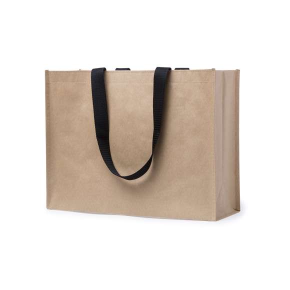  	Bolsa ecológica en material KPP -combinación de papel y non-woven- de 140g/m2. De acabado cosido, con asas largas de 60 cm reforzadas en contraste negro. Resistencia hasta 7kg de peso.