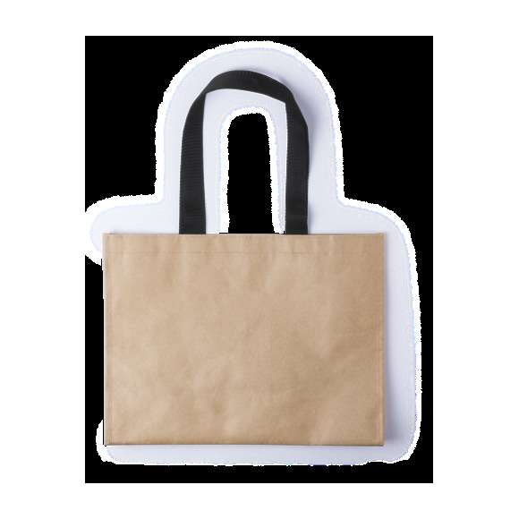 	Bolsa ecológica en material KPP -combinación de papel y non-woven- de 140g/m2. De acabado cosido, con asas largas de 60 cm reforzadas en contraste negro. Resistencia hasta 7kg de peso.