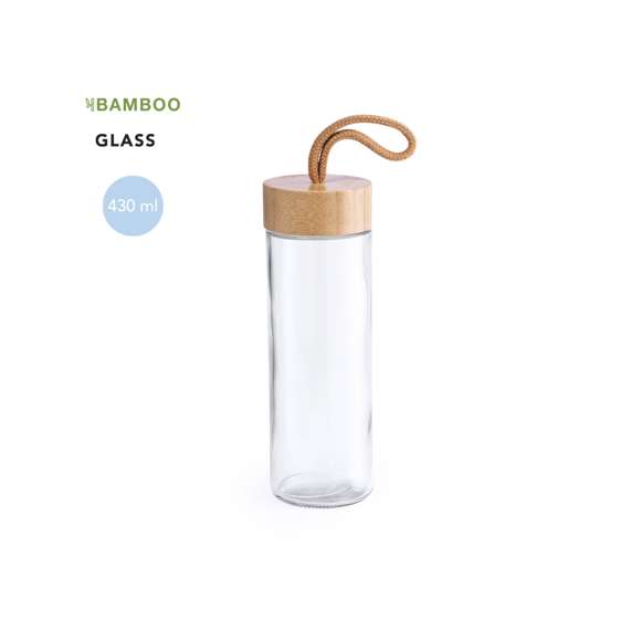 Tarro de línea nature de 420ml de capacidad. Fabricado con cuerpo de cristal y tapón a rosca de bambú, con práctica asa de transporte trenzada en color natural. Presentado en caja individual de atractivo diseño.