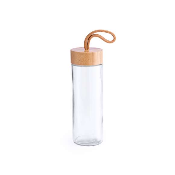Tarro de línea nature de 420ml de capacidad. Fabricado con cuerpo de cristal y tapón a rosca de bambú, con práctica asa de transporte trenzada en color natural. Presentado en caja individual de atractivo diseño.