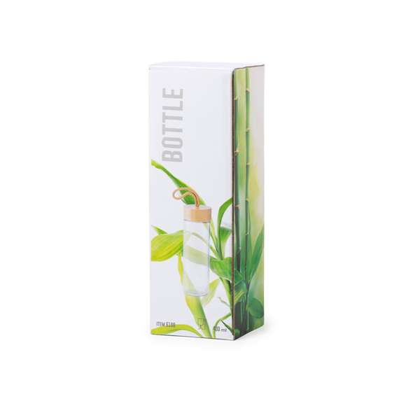 Tarro de línea nature de 420ml de capacidad. Fabricado con cuerpo de cristal y tapón a rosca de bambú, con práctica asa de transporte trenzada en color natural. Presentado en caja individual de atractivo diseño.