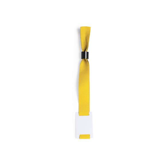 Pulsera para eventos en resistente y suave poliéster. Con cierre de seguridad ajustable y pastilla para marcaje en tampografía. Disponible en variada gama de colores.