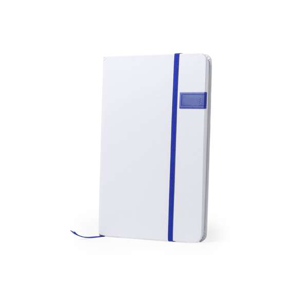 Bloc de notas de elegante acabado en color blanco, con memoria USB de 16GB de capacidad integrada en la tapa frontal. Cinta elástica, memoria USB y marcapáginas a juego, en variada gama de colores. Incluye 100 hojas con disposición a una raya.