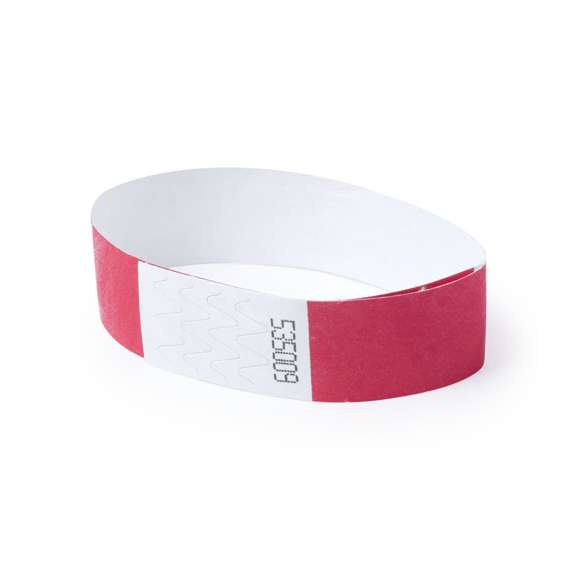 Pulsera para eventos en fibra sintética y variada gama de vivos colores. Con cierre adhesivo, resistente al agua y presentada en plancha troquelada de 10 piezas con numeración individual.