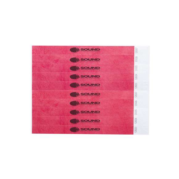 Pulsera para eventos en fibra sintética y variada gama de vivos colores. Con cierre adhesivo, resistente al agua y presentada en plancha troquelada de 10 piezas con numeración individual.