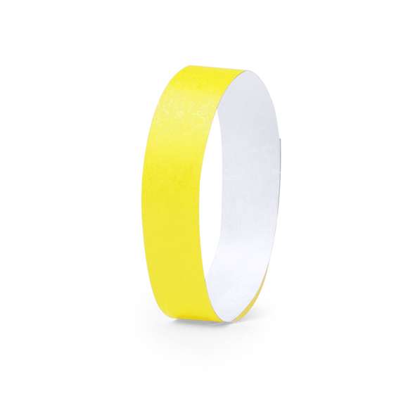 Pulsera para eventos en fibra sintética y variada gama de vivos colores. Con cierre adhesivo, resistente al agua y presentada en plancha troquelada de 10 piezas con numeración individual.