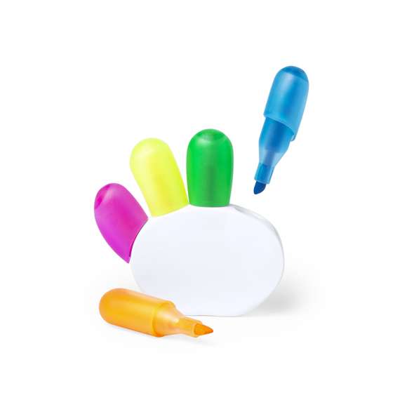 Set de marcadores con soporte. Incluye 5 marcadores fluorescentes de original diseño y soporte en color blanco con amplia superficie de marcaje.