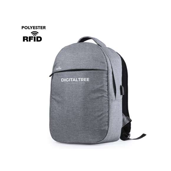 Mochila de seguridad, con diseño urbano en resistente poliéster 300D. Bolsillo interior con protección de seguridad RFID (Identificación por Radio Frecuencia) que mantiene seguros los datos de la tarjeta y demás dispositivos. Compartimento principal con elegante tapeta en la cremallera. Con conexión USB -powerbank no incluido- y bolsillo interior acolchado para ordenador portátil de hasta 15 pulgadas. Parte trasera y cintas acolchadas.