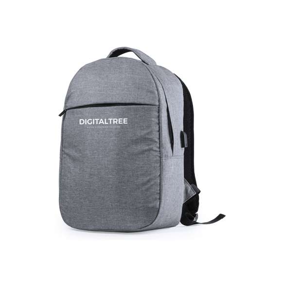 Mochila de seguridad, con diseño urbano en resistente poliéster 300D. Bolsillo interior con protección de seguridad RFID (Identificación por Radio Frecuencia) que mantiene seguros los datos de la tarjeta y demás dispositivos. Compartimento principal con elegante tapeta en la cremallera. Con conexión USB -powerbank no incluido- y bolsillo interior acolchado para ordenador portátil de hasta 15 pulgadas. Parte trasera y cintas acolchadas.