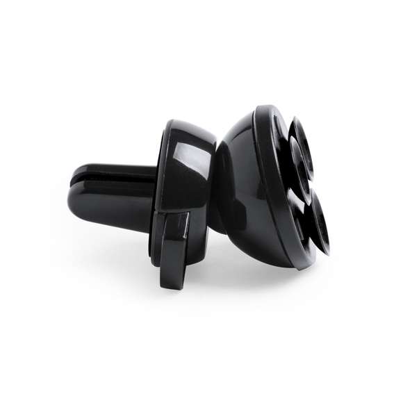 Soporte de rejilla de coche para smartphone con fijación al dispositivo mediante ventosas. En elegante color negro, con giro 360º y 45º de inclinación. Presentado en atractiva caja de diseño.