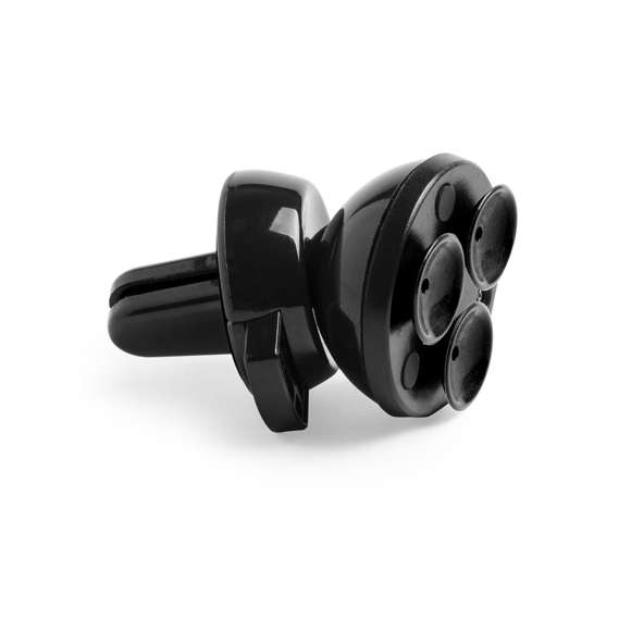 Soporte de rejilla de coche para smartphone con fijación al dispositivo mediante ventosas. En elegante color negro, con giro 360º y 45º de inclinación. Presentado en atractiva caja de diseño.