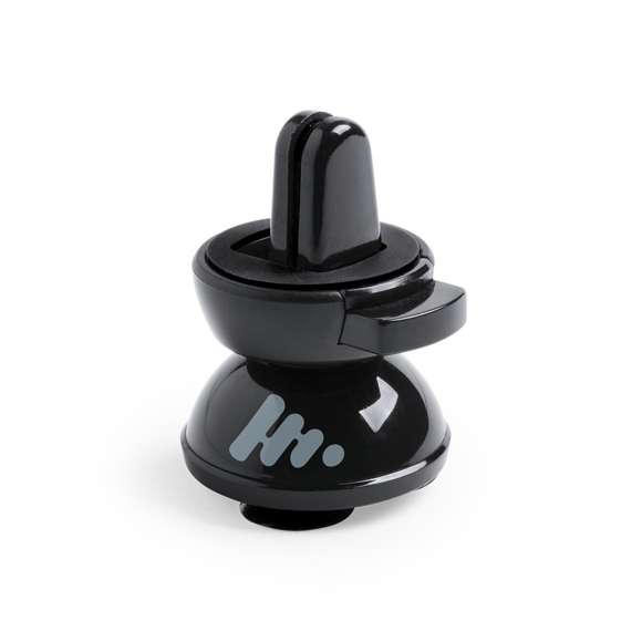 Soporte de rejilla de coche para smartphone con fijación al dispositivo mediante ventosas. En elegante color negro, con giro 360º y 45º de inclinación. Presentado en atractiva caja de diseño.