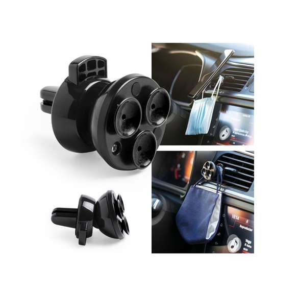 Soporte de rejilla de coche para smartphone con fijación al dispositivo mediante ventosas. En elegante color negro, con giro 360º y 45º de inclinación. Presentado en atractiva caja de diseño.