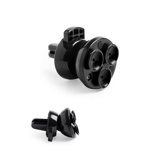 Soporte de rejilla de coche para smartphone con fijación al dispositivo mediante ventosas. En elegante color negro, con giro 360º y 45º de inclinación. Presentado en atractiva caja de diseño.