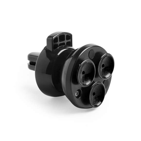 Soporte de rejilla de coche para smartphone con fijación al dispositivo mediante ventosas. En elegante color negro, con giro 360º y 45º de inclinación. Presentado en atractiva caja de diseño.